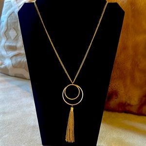 Costume Gold tone circle in a circle tassel 20” necklace